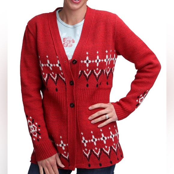 PLUS Green 3 Made in the USA Red Black & White Abstract Winter Sweater Cardigan - Picture 1 of 10